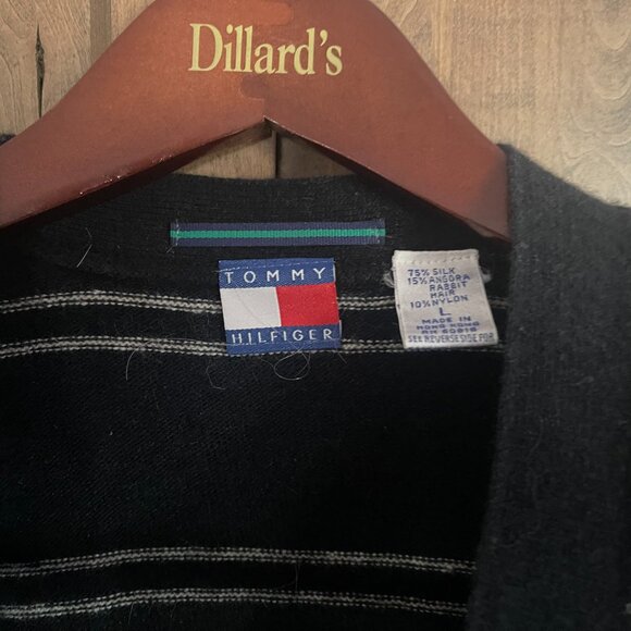 Tommy Hilfiger Mens Black Silk Angora Striped Cardigan Sweater Long Sleeve - L - Picture 2 of 7